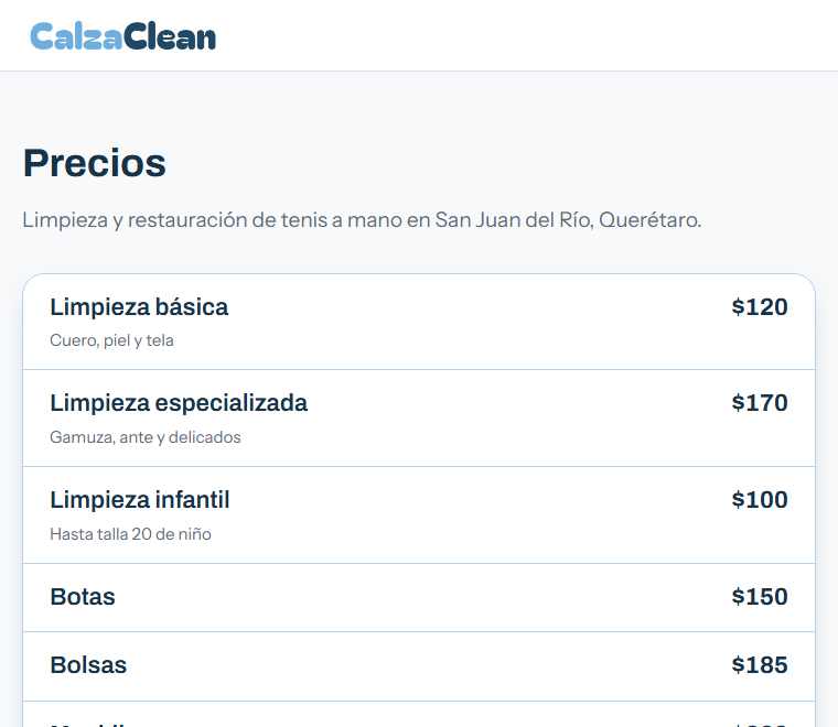 Lista de precios por servicio y extras