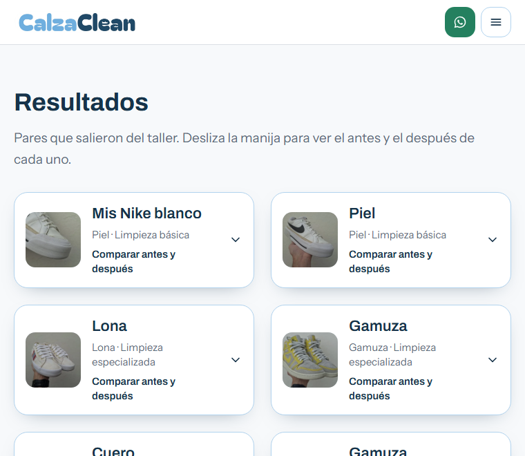 Galería de resultados con comparador deslizable antes/después