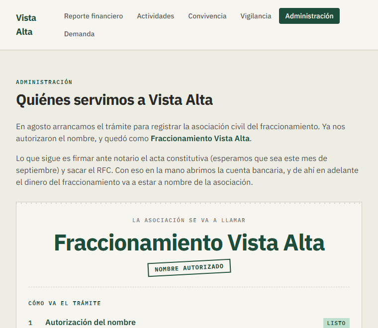 Página de Administración: trámite de la asociación civil